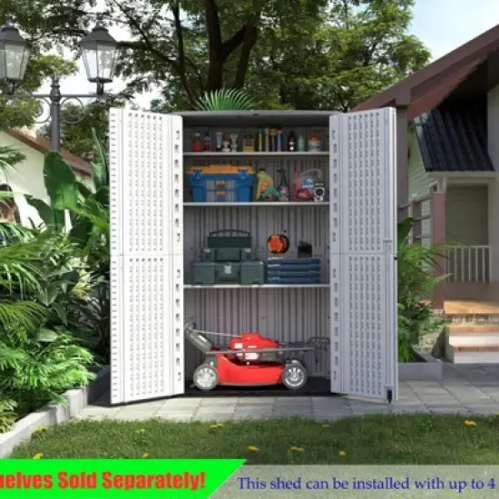 Syemin Outdoor Storage Shed, Vertical Tall Tool Shed with Five Shelves, Lockable Door for Patio, Backyard and Lawn, White, 50"*82"*29" image {6}