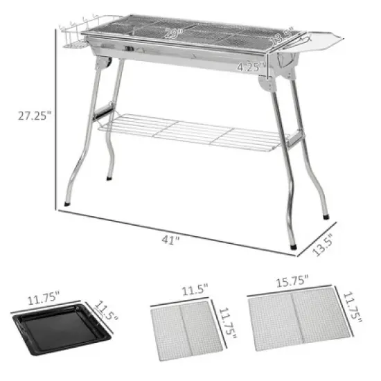WELLFOR Stainless Steel Portable Charcoal Grill with Rack and Shelves 781093906638 Silver image {1}