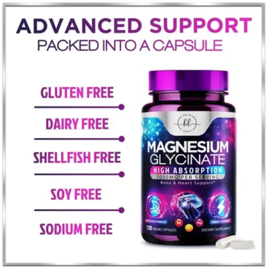 Magnesium Glycinate - 1000mg High Absorption Chelated Magnesium Supplement for Sleep, Muscle, Nerve & Heart Support - 120 Capsules By Hello Lovely! image {6}