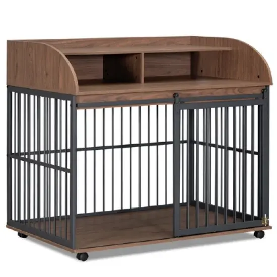 Whisen 44'' Heavy Duty Large Dog Crate with Lockable Wheels image {8}