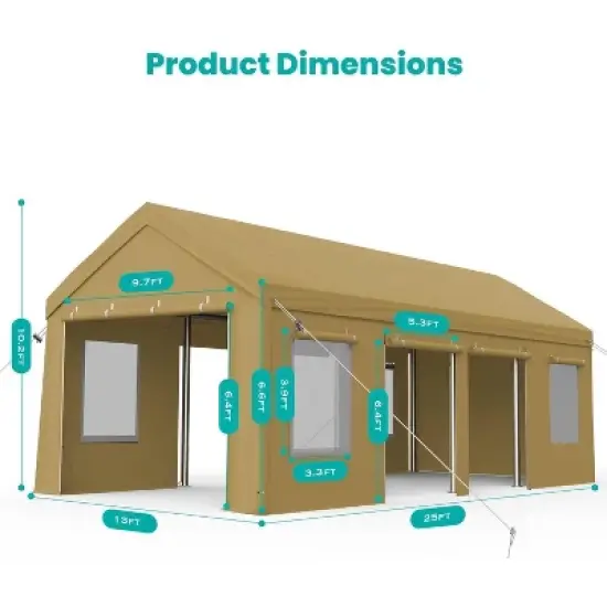 13x25ft Yellow Heavy Duty Carport Canopy, Portable Garage Shelter with Roll-up Windows, Reinforced Frame, Waterproof Cover image {3}