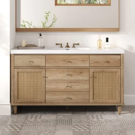 Christopher Knight Home Emilie 60" Modern Bathroom Vanity with SMC Sink, 5 Drawers and 2 Rattan Doors image {9}