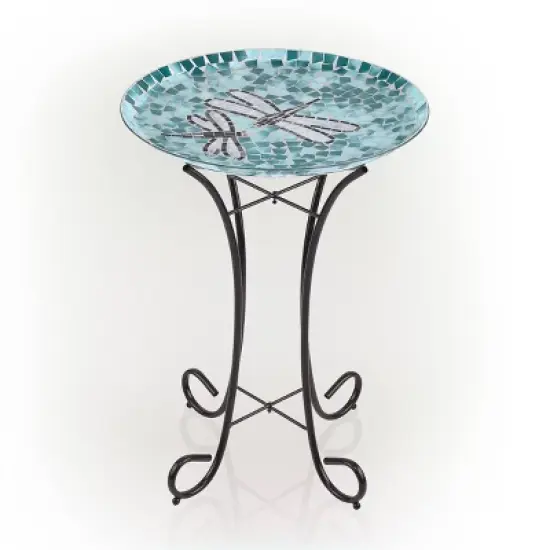 23" Outdoor Mosaic Dragonfly Glass Birdbath Bowl with Metal Stand Turquoise Green - Alpine Corporation image {1}