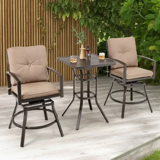 Costway Patio 3pcs Swivel Bar Height Bistro Set Cushioned Table Stools Furniture Outdoor image {3}