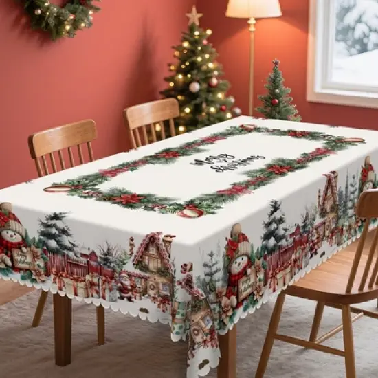 LOVEVOOK 60x86 Inch Rectangle Christmas Tablecloth, Winter Snowman Trees Red Washable Table Cover for Party Picnic Dinner Holiday Decor image {4}