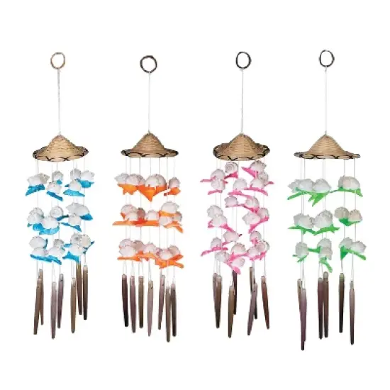 Beachcombers Cornball Shell Wind Chime Coconut Top And Burnt Tropical Flower Design Bamboo Pieces Coastal Decor Decorations 3 x 13 x 3 Inches. image {1}