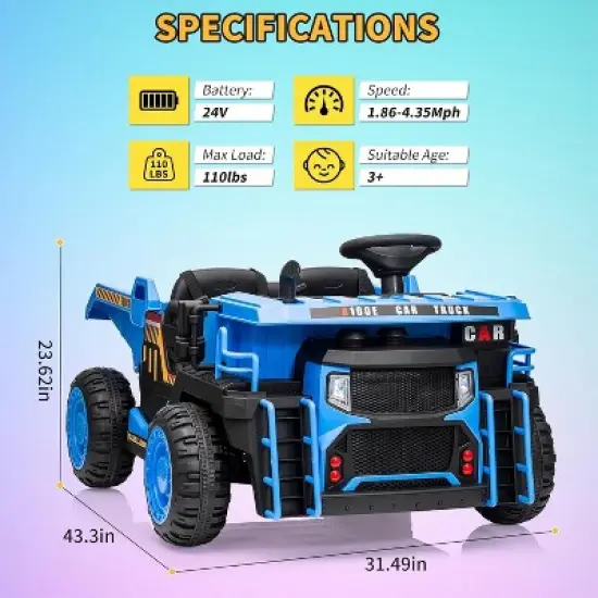 24V 2-Seat Kids R/C Dumper, Ride-on Electric Construction Vehicle with Shovel, Bluetooth, LED Lights and Shock Absorber image {1}