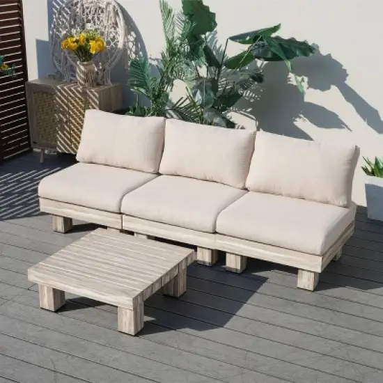 Moda Furnishings 3-person Outdoor Patio Aluminum Wood Grain Seating Group With Beige Cushions image {10}