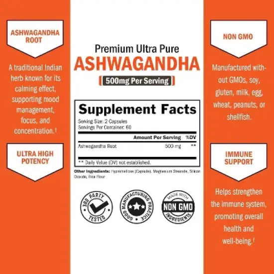 Premium Ultra Pure Ashwagandha Supplements, Promotes Healthy Immune Function & Supports Stress Reduction, Bioschwartz, 120ct image {2}