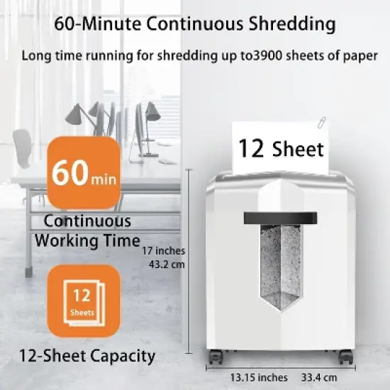 Bonsaii 12-Sheet Micro Cut Shredder, P-4 Security, 60 Min Run Time, Shreds CD, Credit Cards, Mail, Staples, Jam-Proof, 4.2 Gal Bin, White/Gray image {1}