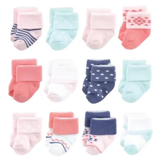 Luvable Friends Baby Girl Newborn and Baby Terry Socks, Coral Mint Aztec 12-Pack image {9}