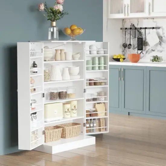 HOMCOM 41" Farmhouse Kitchen Pantry, Freestanding 2 Door Storage Cabinet with Adjustable Shelves for Living Room and Dinning Room,White image {2}