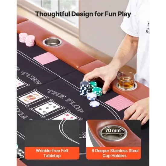 VEVOR Foldable Poker Table, 8 Player 72 in Folding Casino Leisure Table with Padded Rails and Cup Holders, Oval Portable Game Tables, Brown image {5}