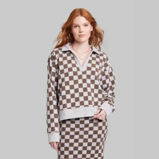 Women's Ascot + Hart Collared Checkered Long Sleeved Graphic Pullover image {1}