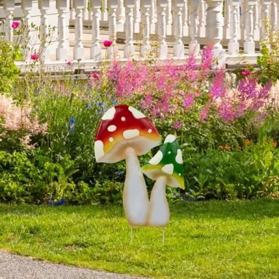Northlight Double Mushrooms Outdoor Garden Stake - 16" - Red and Green image {1}