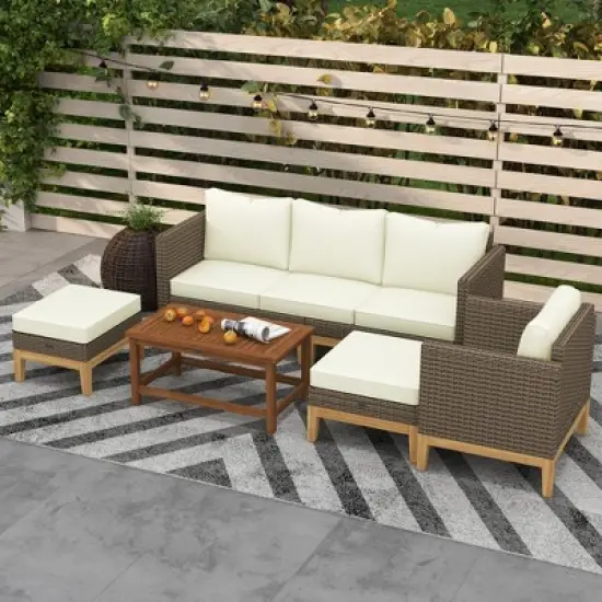 Outsunny Cushioned Patio Furniture Set, 5 PCs Wooden Frame PE Rattan Conversation Set, Cream White image {4}