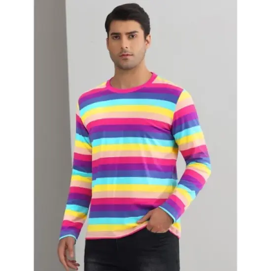 Lars Amadeus Men's Crew Neck Long Sleeves Casual Pullover Rainbow Striped T-Shirt image {1}