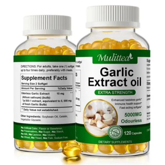 Mulittea Organic Odorless Garlic Capsules 5000mg &ndash; Heart, Immune & Digestive Support - 120 Softgels image {1}