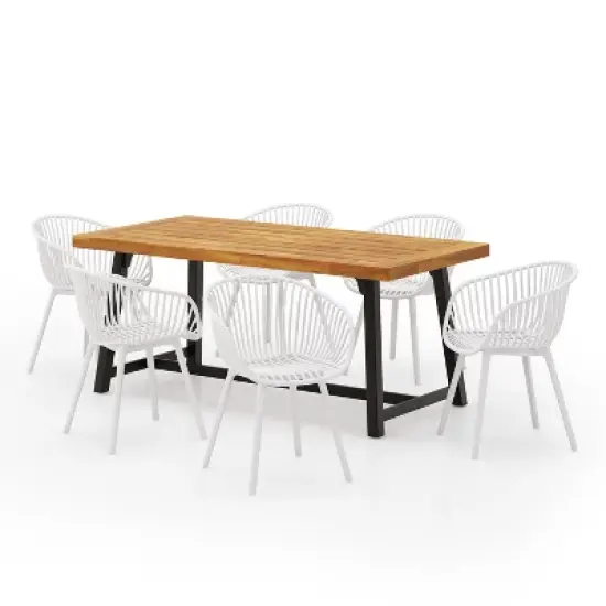 Christopher Knight Home Marley 7 Pieces Patio Modern Acacia Wood and Polypropylene Dining Set, Teak/Black image {11}