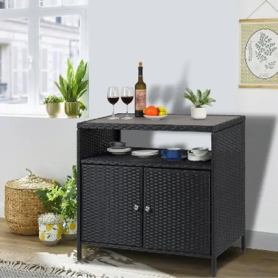 Rattan Storage Cabinet, Outdoor Cabinet for Patio Outdoor Bar Cart with Adjustable Shelves, Patio Storage Box Organizer for Poolside, Patio, Backyard image {9}