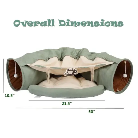 Cat's Telescopic Tunnel Cushioned Bed Pet Nest Teasing Balls Zipper Connection Feline Supplies, Bright Green image {2}