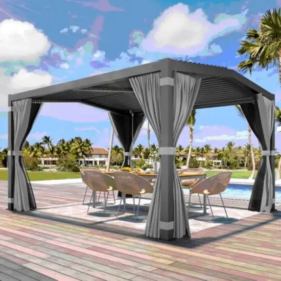Erommy 11'x13' Outdoor Louvered Pergola with Adjustable Aluminum Rainproof Roof,Black image {2}