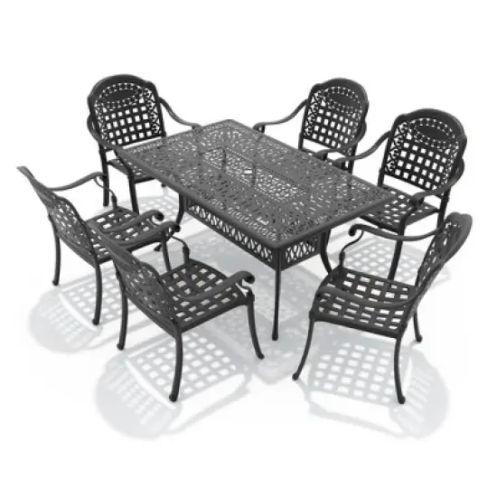 7-Piece Patio Dining Set: Cast Aluminum Furniture,Black with Comfy Blue Cushions & Umbrella Hole - Perfect for Garden Parties, BBQ image {2}