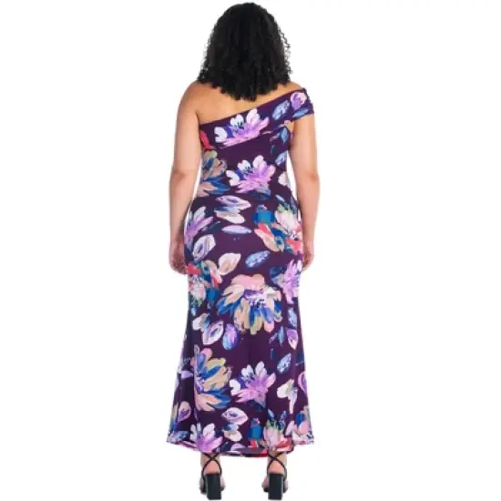 Womens Plus Size Purple Floral One Shoulder Rouched Mermaid Maxi Dress image {2}