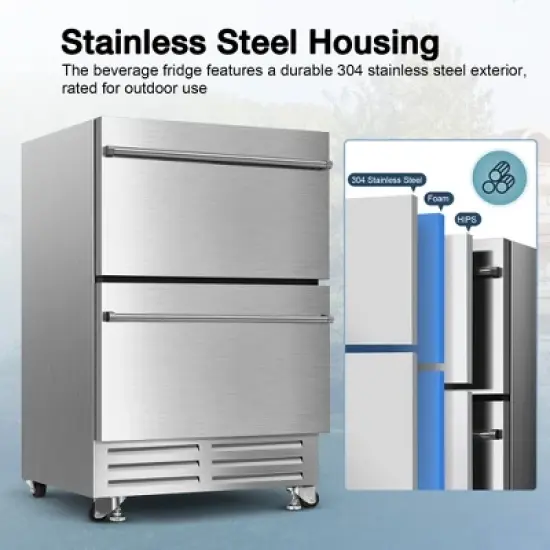 SOZT 23.4 in. 4.9 cu. ft. Stainless Steel Built-In Under Counter Drawer Beverage Fridge with Double Drawer image {7}