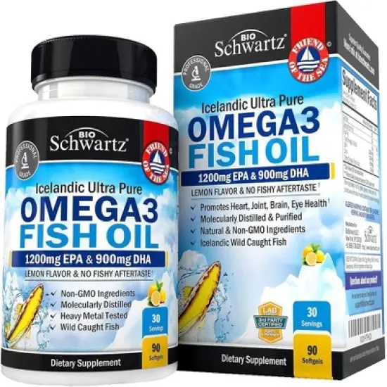 Omega 3 Fish Oil Softgels, 1200mg EPA and 900mg DHA Fatty Acid, Supports Joint, Eyes, Brain & Skin Health, Burp-less Lemon Flavor, Bioschwartz,90ct image {5}