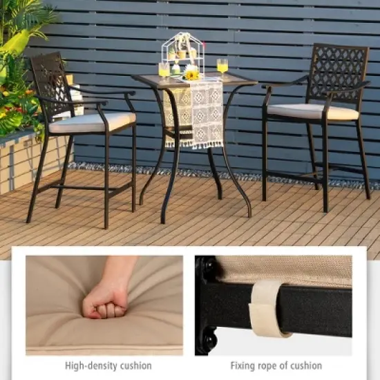 Costway 3 PCS Patio Bar Stool Square Table Bistro Set Cushioned Chairs Armrest image {4}
