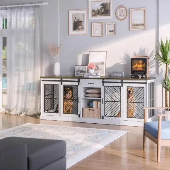 ALAULM Large Pet Crate Furniture,  Versatile Modern Design Dog Kennel, Indoor-Style Dog Cage for 2 Pets, Wooden TV Stand with Divider & Drawer Storage image {5}