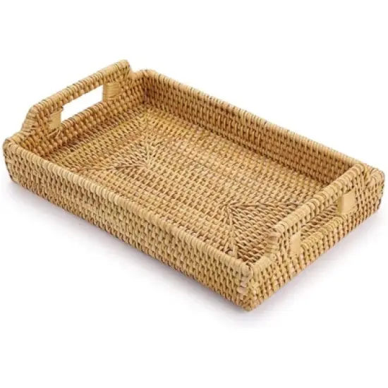 BRINJOY Handwoven Rattan Tray with Handles - 12.4x8.3 inch Rectangular Storage Basket for Breakfast, Snacks, Coffee Table Organization image {5}