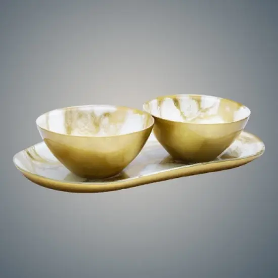 Classic Touch White and Gold Marbleized 2 Bowl Relish Dish image {2}
