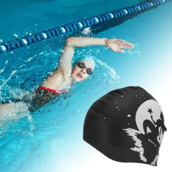 Unique Bargains Silicone Moon Mermaid Pattern Waterproof Swim Cap Black White 1 Pc image {1}
