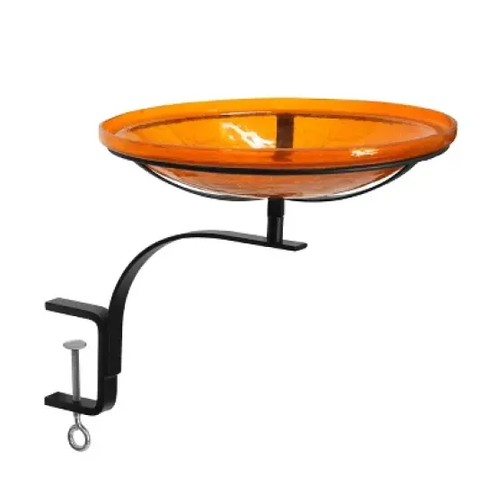Achla Designs 13.75" Reflective Crackle Glass Birdbath Bowl with Rail Mount Bracket Mandarin Orange: Weather-Resistant, Deck-Mounted image {5}