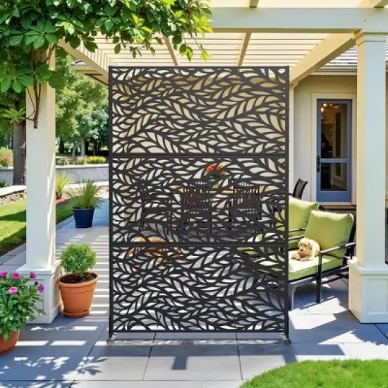PexFix 72 in. x 47 in. Outdoor Metal Privacy Screen Garden Fence in Leaf Pattern in Black image {12}