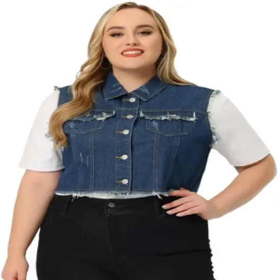 Agnes Orinda Women's Plus Size Jean Raw Hem Button Down Sleeveless Crop Denim Vest image {2}