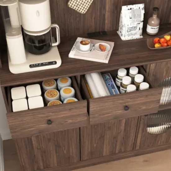 71" Tall Kitchen Pantry Storage Cabinet, Large Capacity Display Cabinet with Reeded Glass Doors and Microwave Stand, Bakers Racks with Storage image {4}