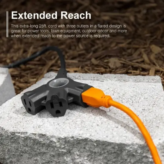 GE 3-Outlet Grounded Extension Cord Indoor/Outdoor 16AWG 25' Black: Heavy Duty, Long 25ft, Outside Use, 13 Amps, 3 Conductors image {3}