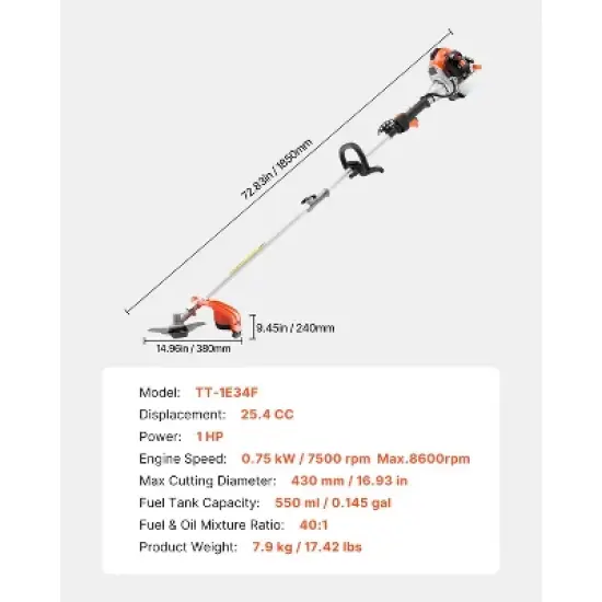 VEVOR String Trimmer, 25.2CC 2-Stroke, Gas Powered Weed Wacker, 16.9" Cordless Grass Trimmer, Multi-Functional Lawn Edger with Shoulder Strap image {7}