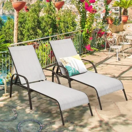 Costway 2PCS Patio Lounge Chair Chaise Adjustable Reclining Armrest Gray image {10}