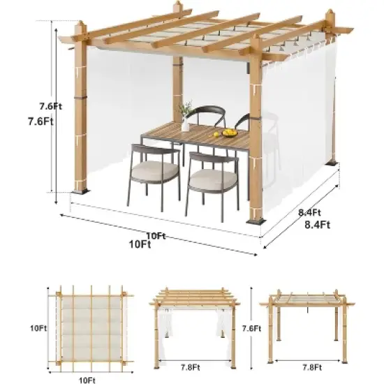 10x10ft Wood Grain Aluminum Pergola, Beige UV Block Canopy, Mesh Net, Rustproof Frame, Fast Assembly, Off-White Curtains image {3}