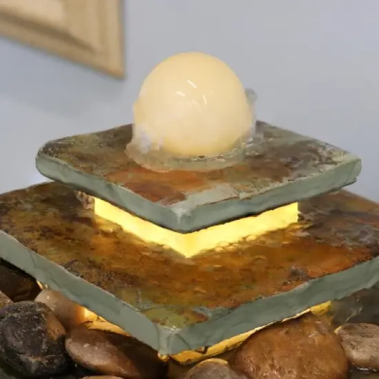 Sunnydaze Indoor Home Office Slate and Polished Stone Ball Tiered Tabletop Water Fountain with LED Light - 8" image {5}