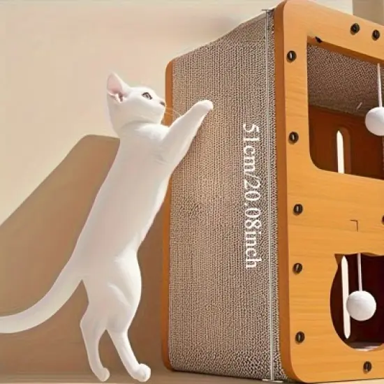 Hrinhom 17.7"W 2-Storey Wood Cat Villa with Scratching Boards+4 Toy Pendants image {5}