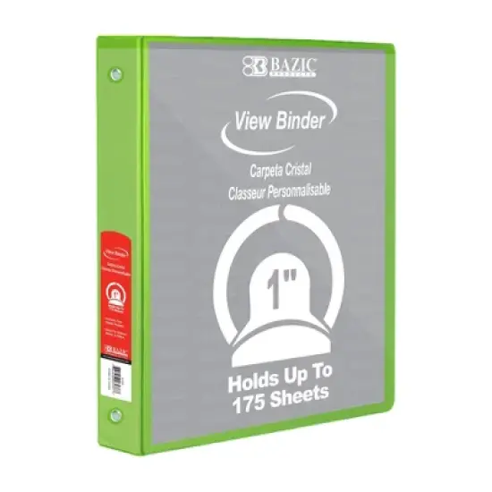 BAZIC Products 3-Ring View Binder with 2 Pockets, 1", Lime Green, Pack of 6 image {1}