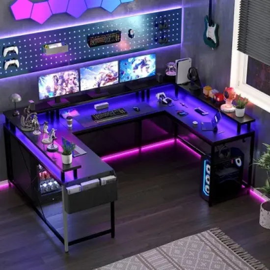 U Shaped Computer Gaming Desk, Reversible L Shaped Desk with Power Outlets image {4}