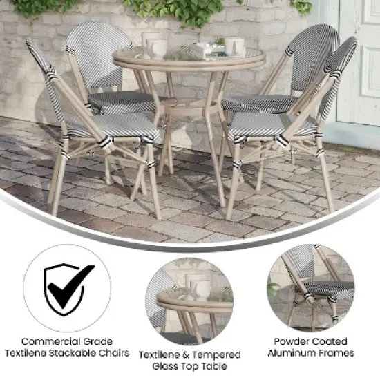 Merrick Lane Mael Bistro Style Table with Glass Top, Textilene, 4 Stack Chairs, and Bamboo Finished Metal Frame for Indoor/Outdoor Use image {3}