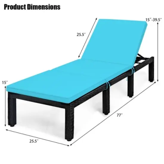 Tangkula Adjustable Rattan Patio Chaise Lounge Chair Couch w/ Turquoise Cushion image {8}