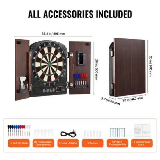 VEVOR Dartboard and Cabinet Set, Ready-to-Play Bundle Dartboard Cabinet Set, Hideaway Cabinet Features Electronic Scoring, Brown image {7}